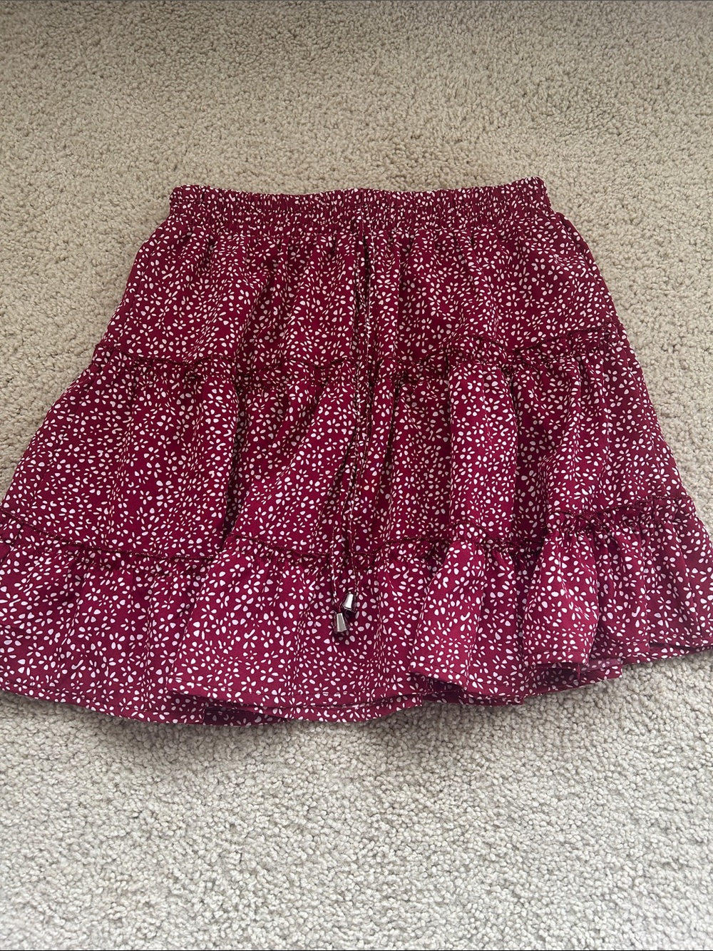 Women's Burgundy Printed Tiered Mini Skirt